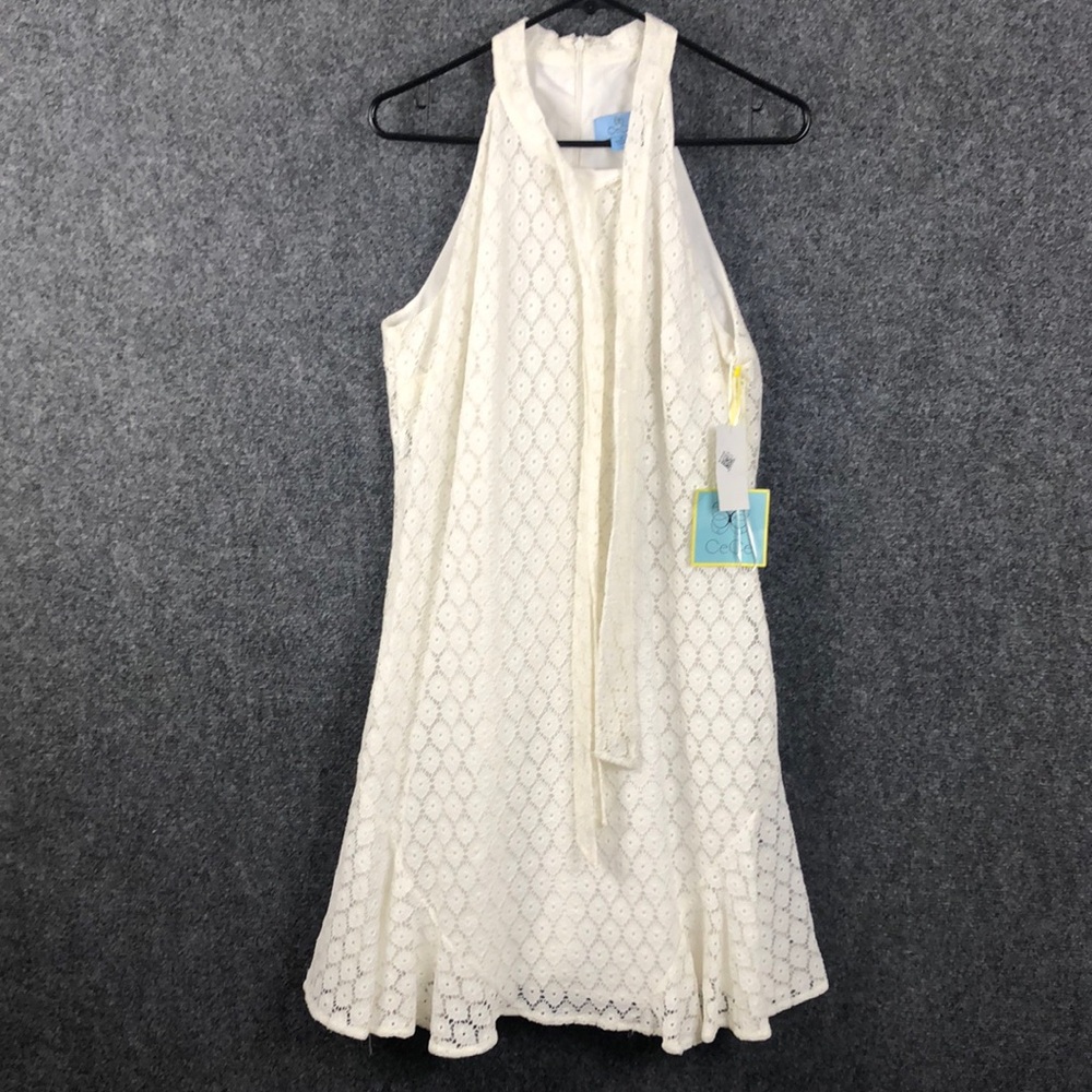 CeCe Bow Neck Halter Dress Women's M White Lace Embroidered Back Zip Closure New